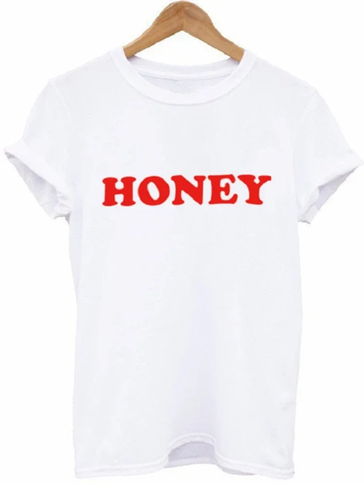 Honey Red Letter Print T Shirt Women Short Sleeve O Neck Loose Fit Ladies Tee . S-3x