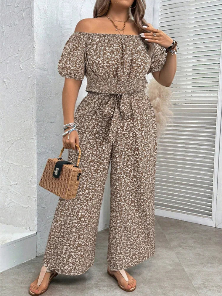 Plus Size Woman Outfit Floral Off Shoulder Crop Top Casual Wide-leg Pants Summer Two Piece Set