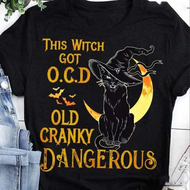 Halloween Mom Witch Black Cat Print T Shirt Women Short Sleeve O Neck Loose Women Tee Shirt .  Camisetas Mujer.   S-3X