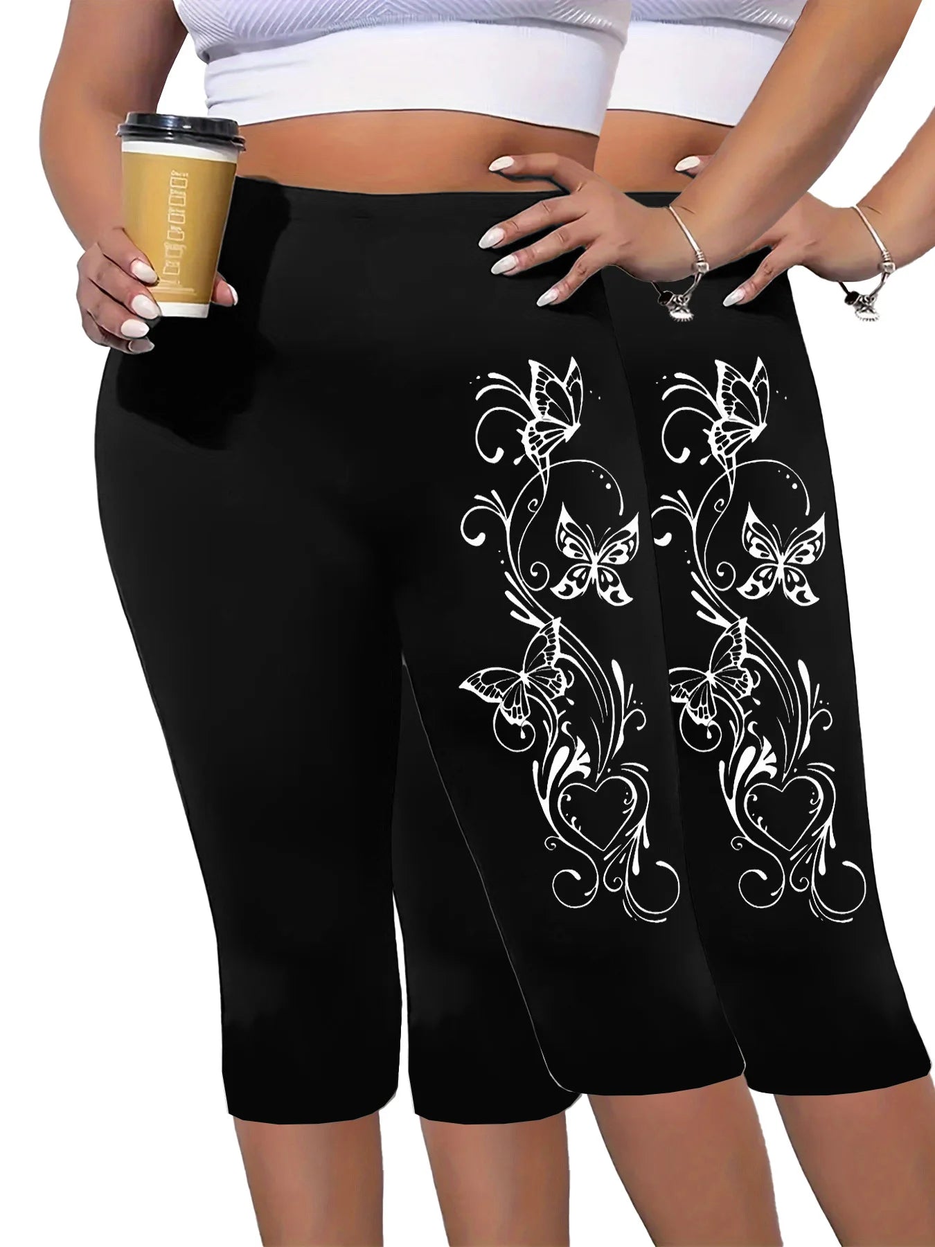 Two Pieces Of Plus-size Women's Printed Cropped Pants, Tight-fitting Cropped Pants, Comfortable Elastic pant
