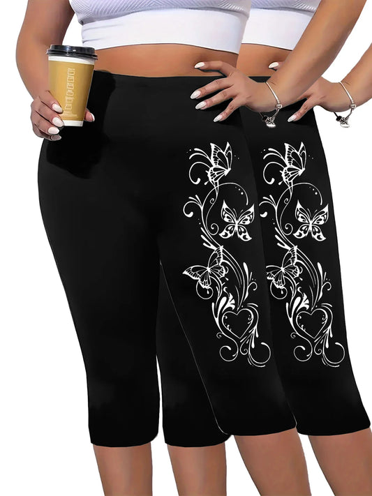 Two Pieces Of Plus-size Women's Printed Cropped Pants, Tight-fitting Cropped Pants, Comfortable Elastic pant