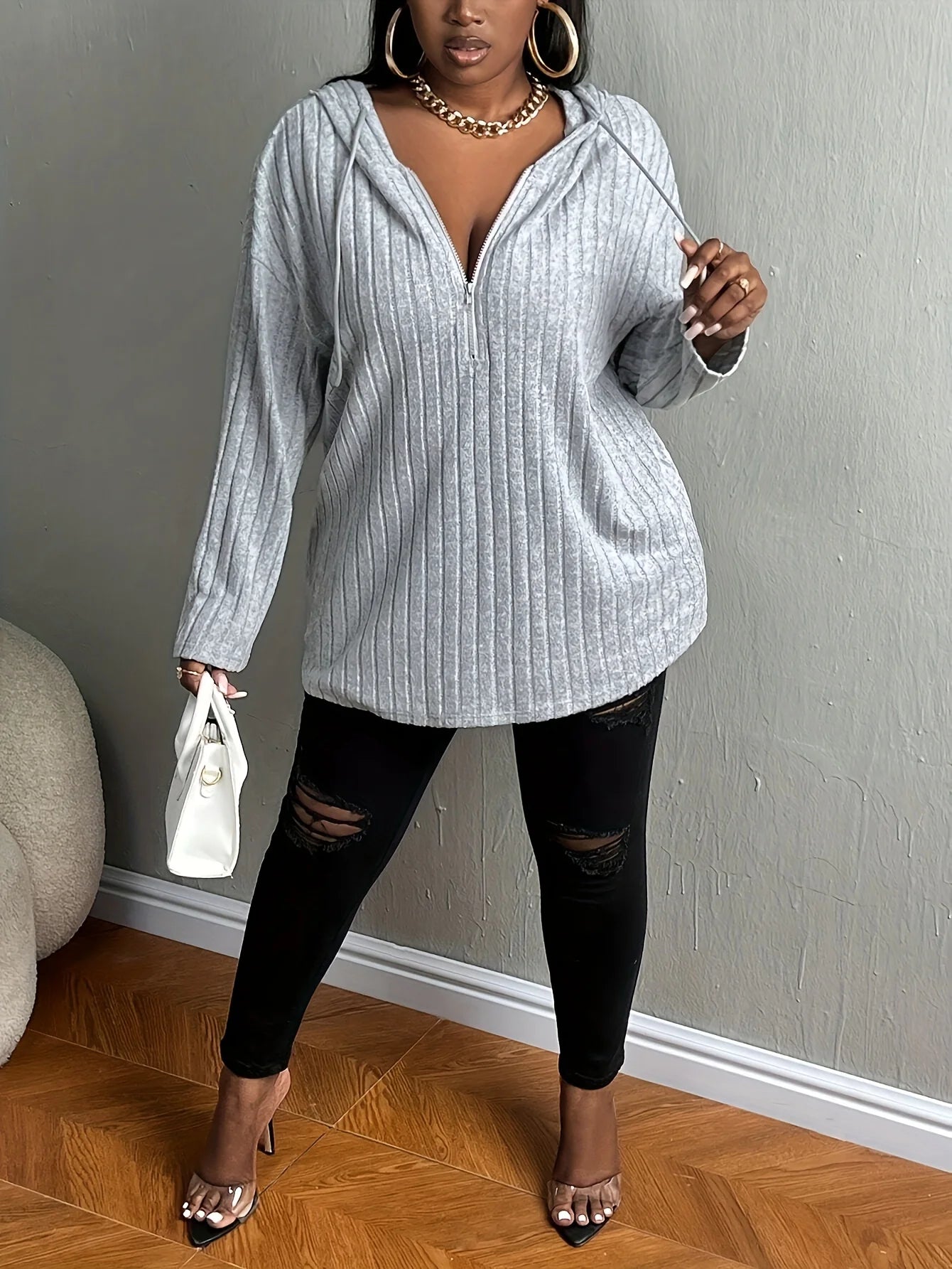 European plus size new casual solid colour half zipper hooded sweatshirt