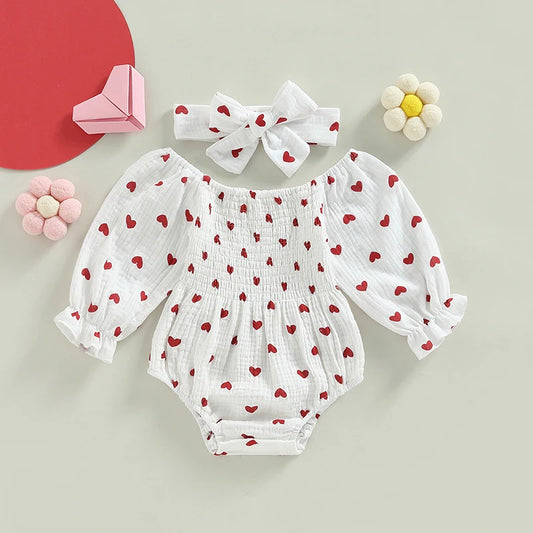Baby Girl Heart Print Romper with Headband - Long Sleeve Bodysuit 0-18M