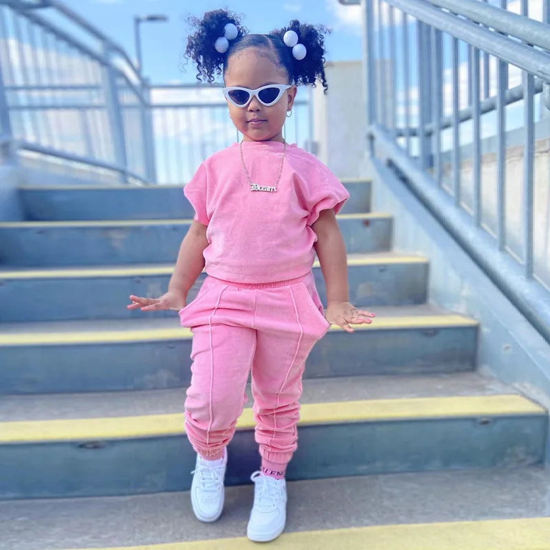 Fashion Kids Little Girls Clothing 2 Pieces Sets Cotton Solid Casual T-shirt+Elastic Waist Pants Young .