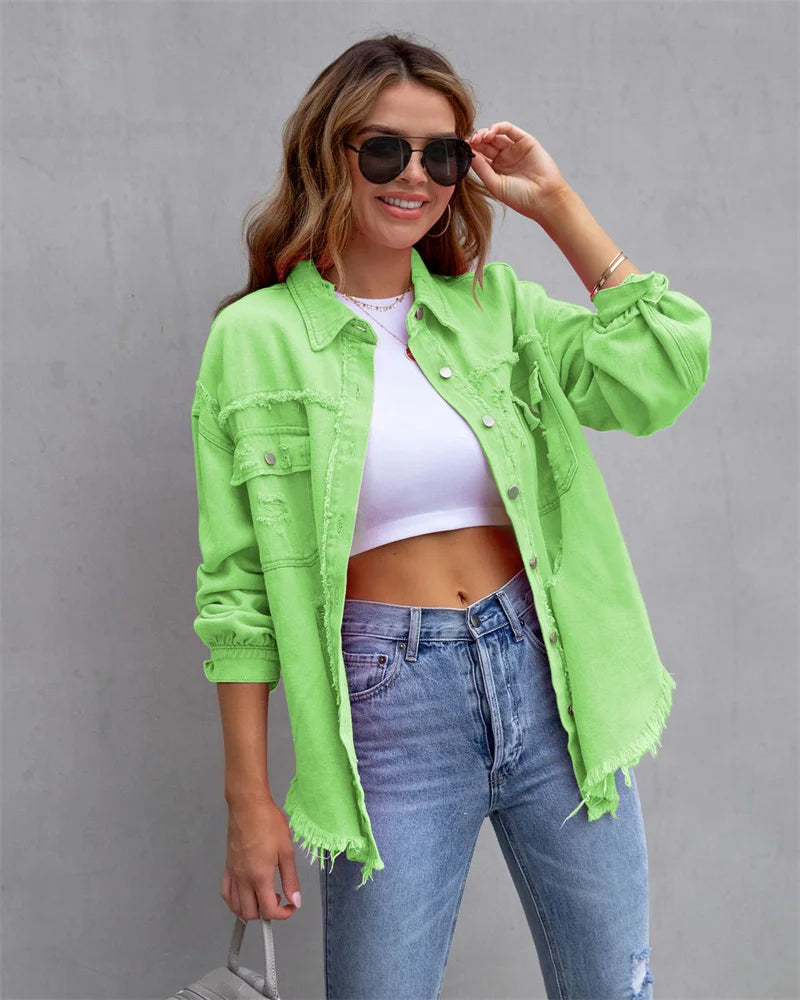 Raw-edged Denim Jacket Shirt Style Denim Casual Outerwear.   S-2x