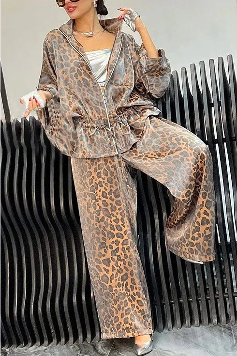 Fashion Leopard Print Casual Lace-up Waist Women's Suit New Loose Wide-leg Pants Elegant 2 Piece Set.  S-3X