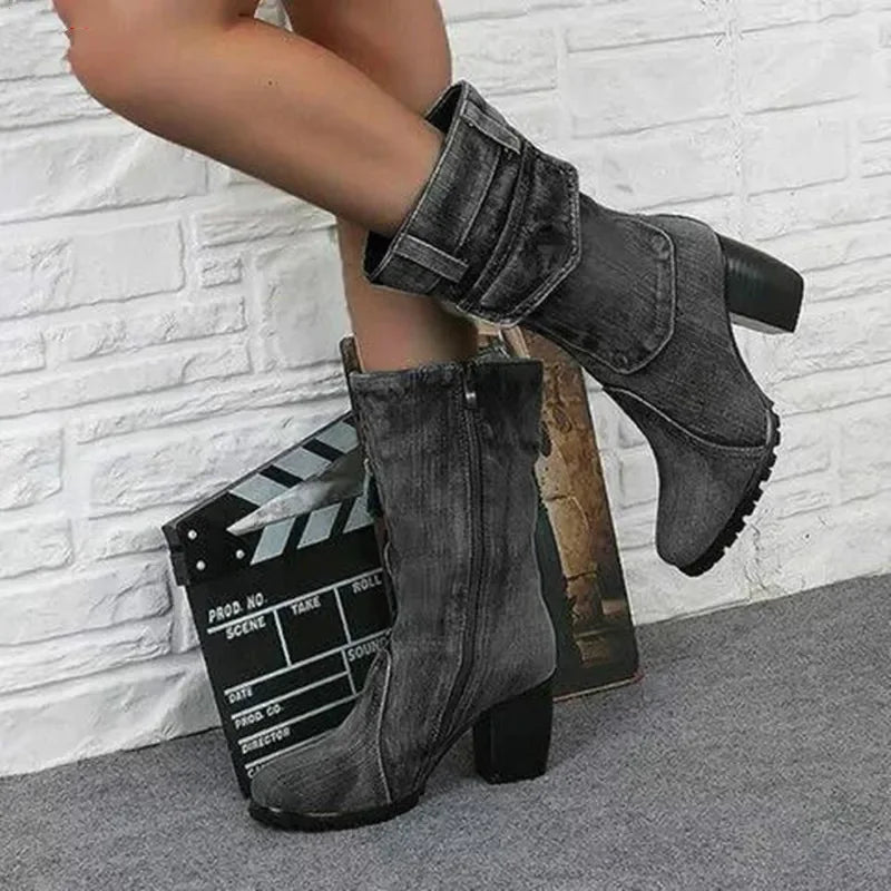 New Denim Style Casual High Heel Boot