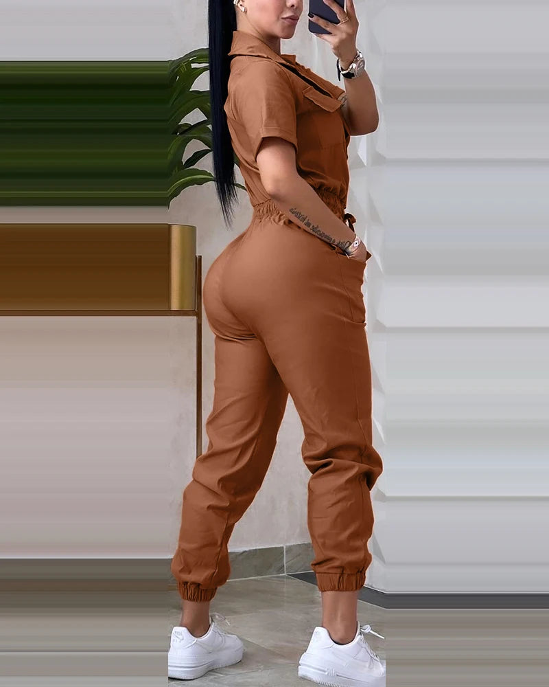 New Fashion Summer Casual Solid Colour Short Sleeved High Waist Jumpsuit.  S-XL