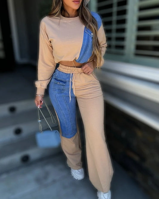 Women's casual 2-piece set long sleeved drawstring sporty shirt high waist pant set .