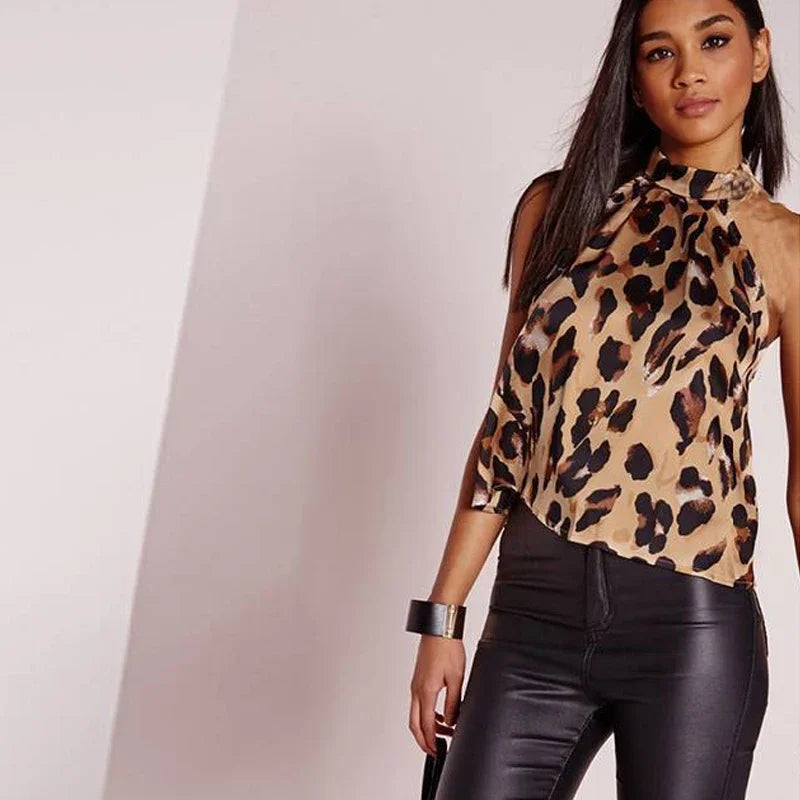 Sexy Leopard Print Casual Halter Sleeveless Blouse.  S-2X