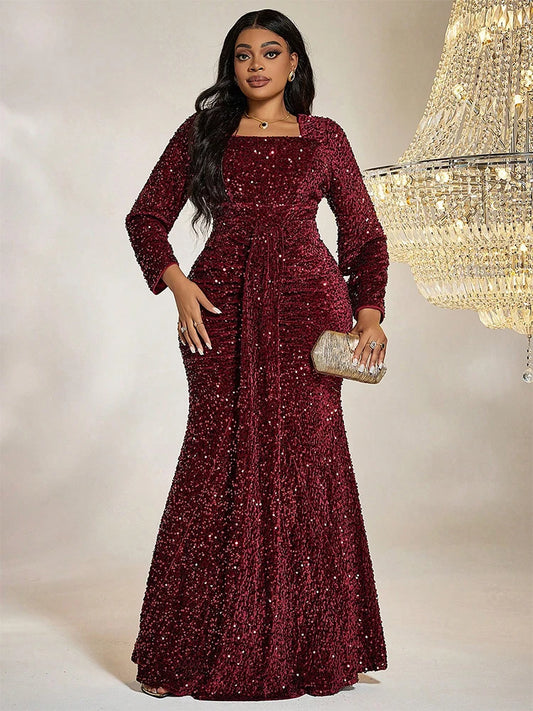 Plus Size Sequined Evening Gown - Square Collar Floor-Length Ball Gown