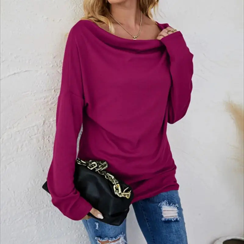 European women's long-sleeved fashion solid colour loose round-necked shirt.  S-2X
