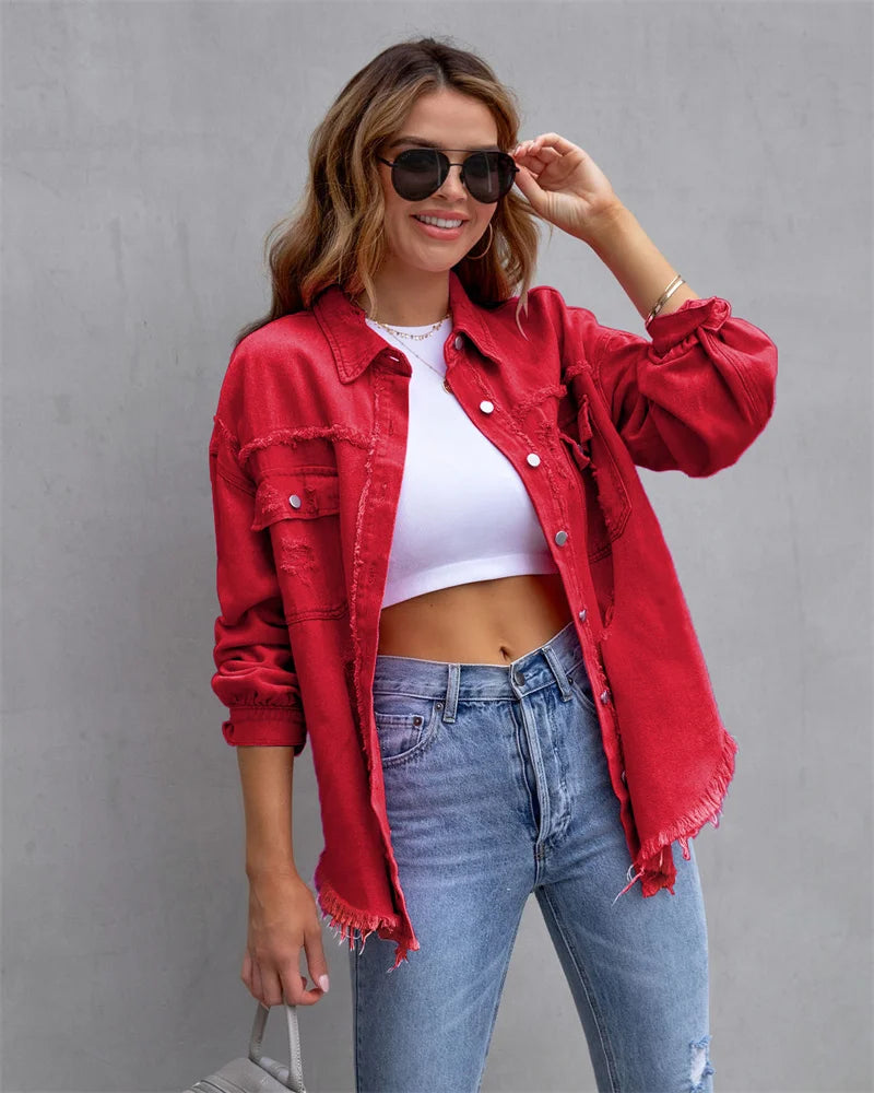 Raw-edged Denim Jacket Shirt Style Denim Casual Outerwear.   S-2x