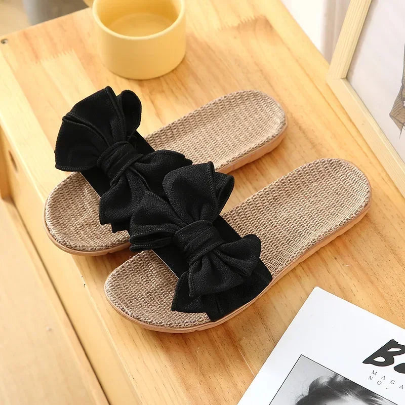 Women Summer Casual  High Quality Breathable Slides Comfortable Flax Slippers Striped Bow Linen Flip Flops.