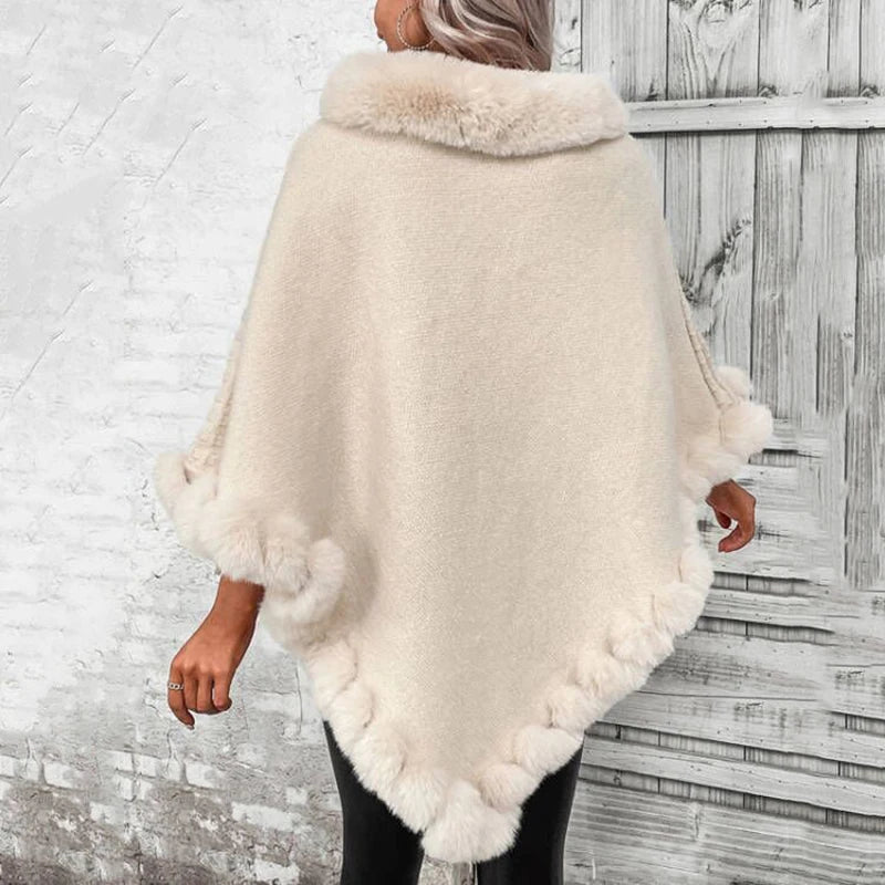 Fashion Plaid Striped Faux Fur Pullover Women Autumn Winter Knit Poncho