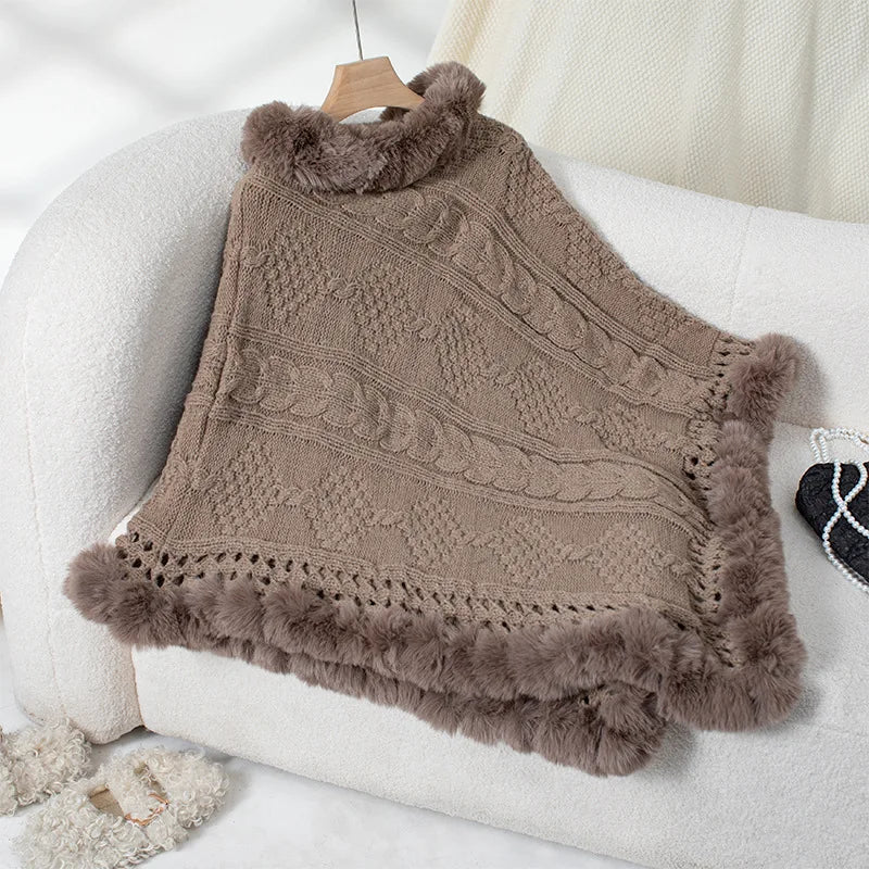 Women's Winter Women's Loose Plus Size Warm Imitation Rabbit Fur Collar Cloak Coarse Dough Twists Sweater Coat
