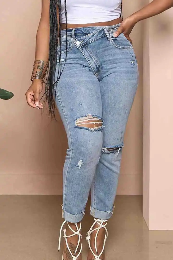 Women Denim Slim Fit Pockets Zipper Fly High Street Solid Slight Stretch Jeans.  S-2X