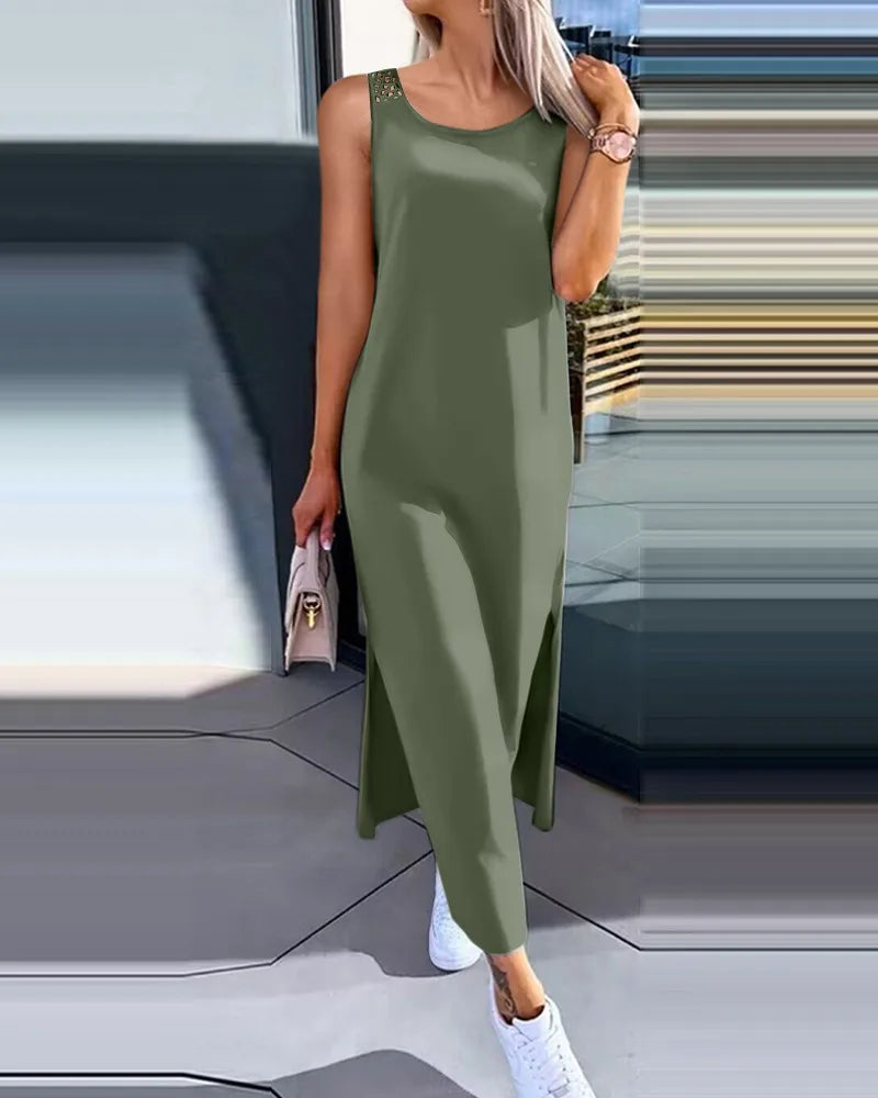 Hollow Out Solid Long Dress Women Fashion Sleeveless O-neck Maxi Dress.  S-2X