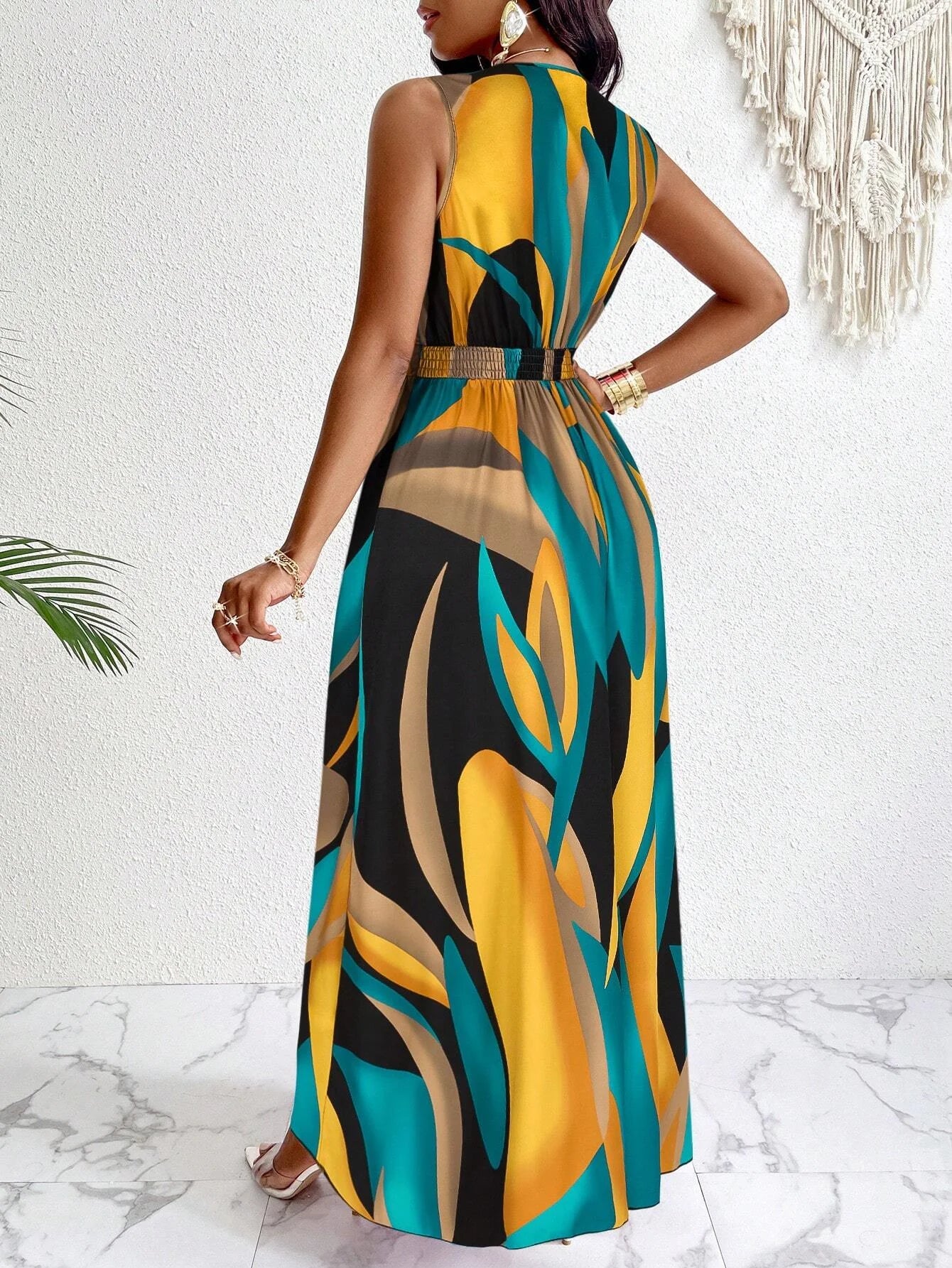 Tropical Print V-Neck, Waist Section Cable Knit Fit And Flare Maxi Dress.  S-2X