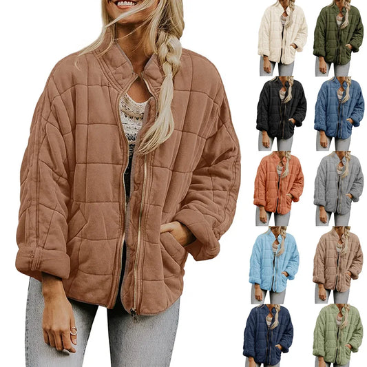 Solid Colour Stand-up Neck Cotton Jacket New Loose Pocket Long-sleeved.  S-2X