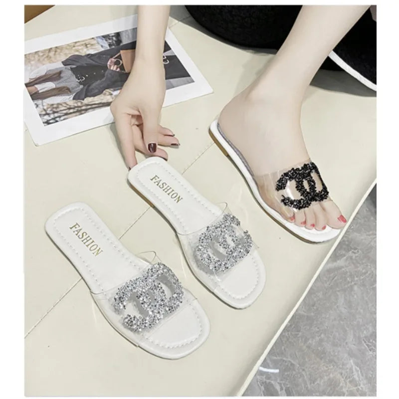 Women 2025 Hot Sale Slippers Flat Heel Soft Bottom Transparent Fashion Crystal Sandals Daily Commute All-match Shoes For Women