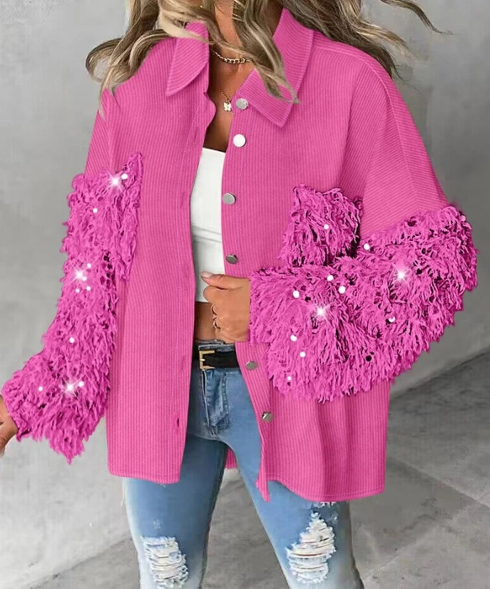2025 New Fashion Casual Contrast Sequin Turn-Down Collar Long Sleeve Elegant Design Shacket with Pocket.