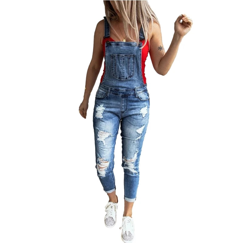 Ladies Denim Ripped Jeans Jumpsuit Stretch Denim