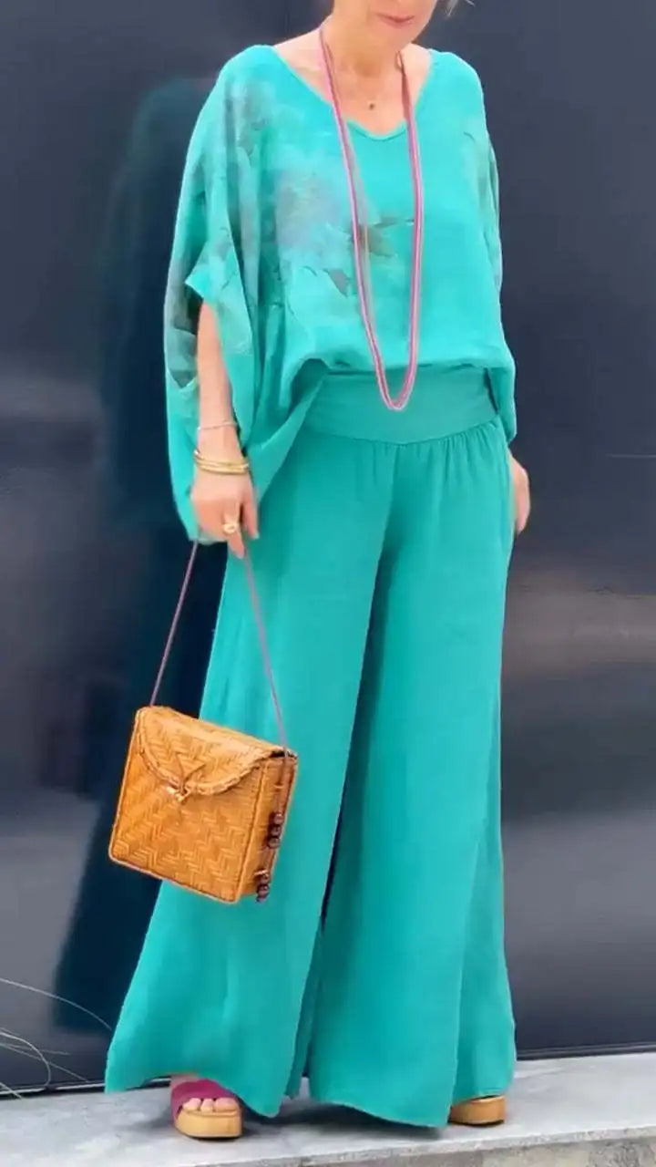 Casual Two Piece Women Spring and Summer Flower Print Short Sleeve Shirt Wide leg Trousers Fashion Suit.  S-3XL