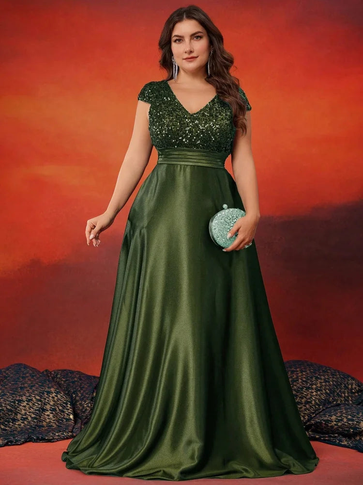 Plus Size Elegant V-Neck Sequin Evening Dress Long Luxury Satin Short Sleeves Party, Prom, Cocktail Dress