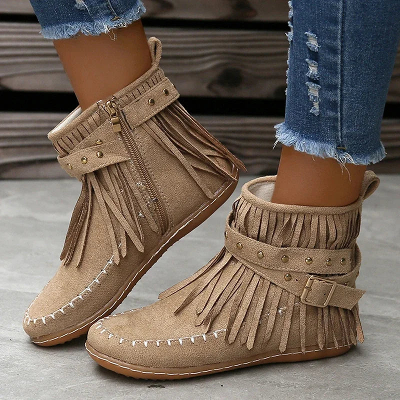 Bohemian Style Tassel Faux Suede Buckle Strap Short Boot.