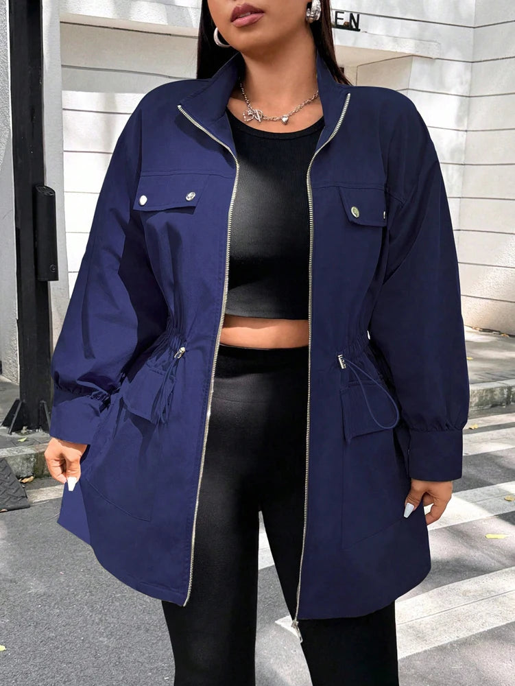 Plus Size Women's Solid Colour Jacket Casual Fashion Wind  Breaker Zipper All Season Jacket.   Xl-4X