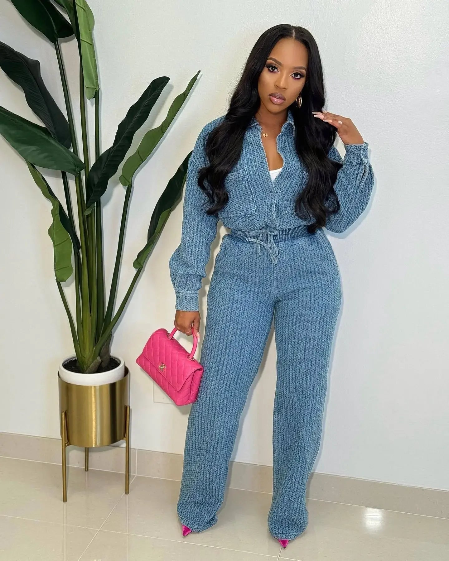 Women Denim Two Piece Set Slim Fit Sexy Turn Down Collar Full Sleeve Top, Long Pants High Elastic Waist.  S-2X