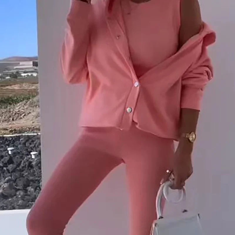 O-Neck Top Long Sweater Matching Set,Solid Three Piece Outfit, .  S-3x