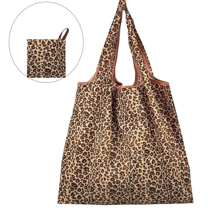 Large Capacity Leopard Print Hand Shopping Bag Women's Daily Folding Handbag (machine washable)
