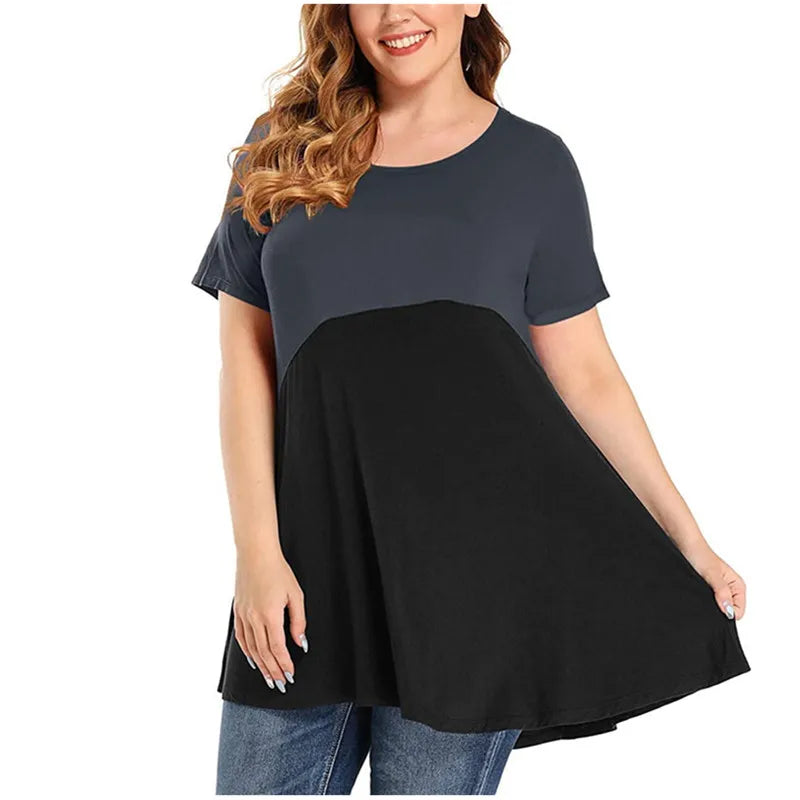 Women Shirt Plus Size Loose Short Sleeve Casual Ladies Contrast Colour Shirt.