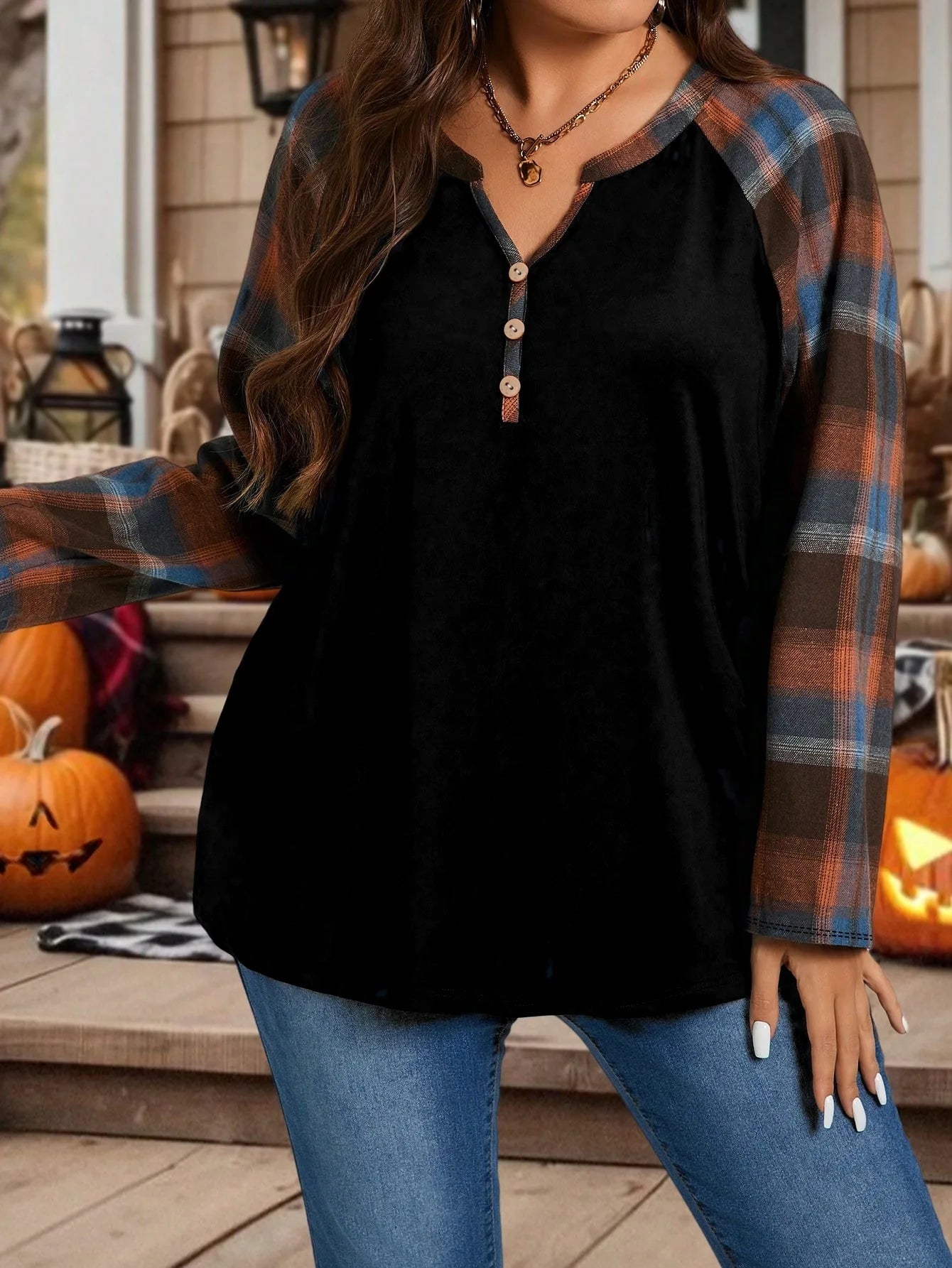 Plus Size Women's Plaid Splicing Long Sleeve Fashion Casual Top