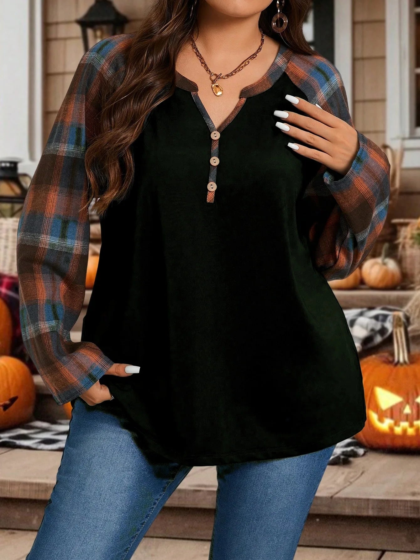 Plus Size Women's Plaid Splicing Long Sleeve Fashion Casual Top