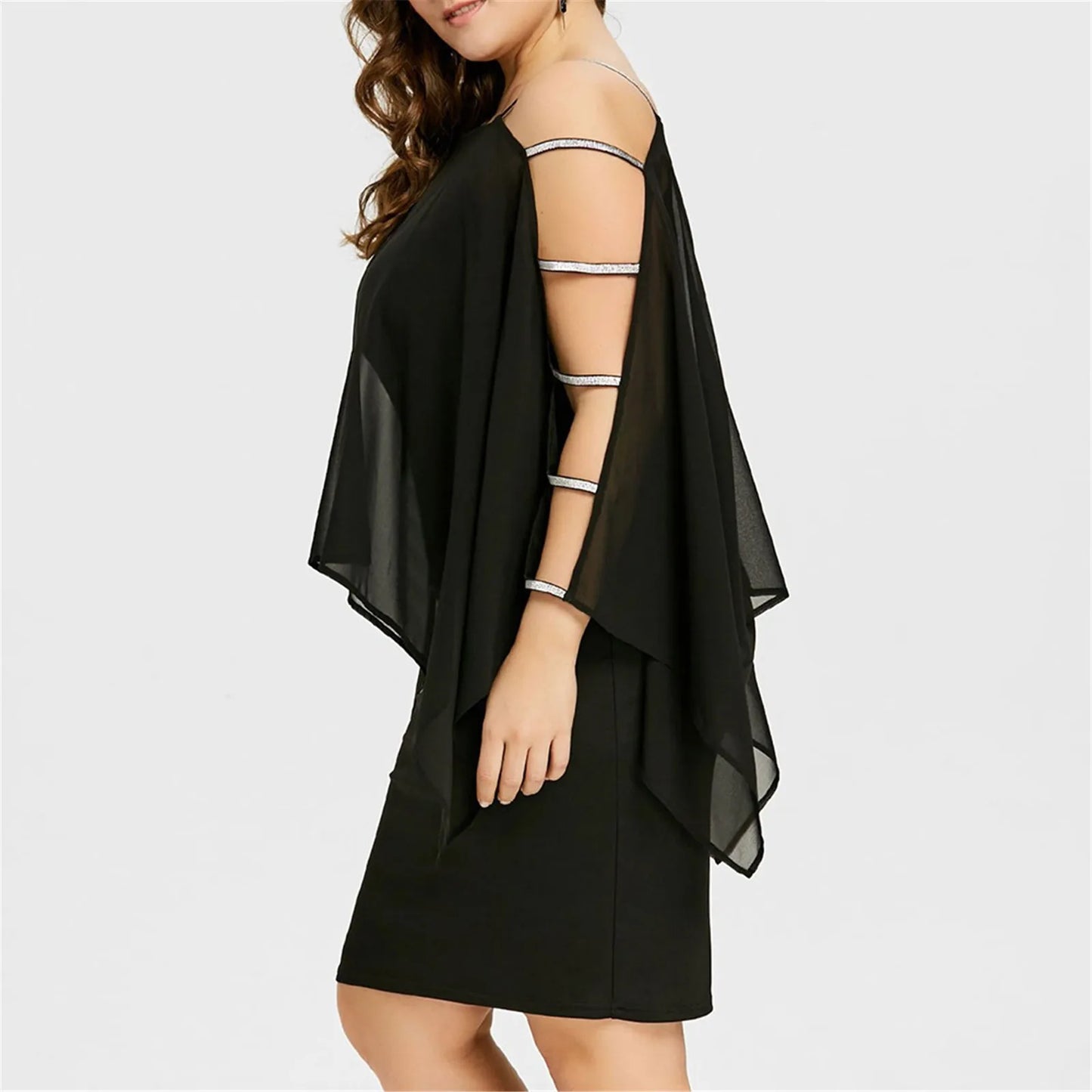 Womens Plus Size Ladder Cut Overlay Asymmetric Chiffon Mini Dress