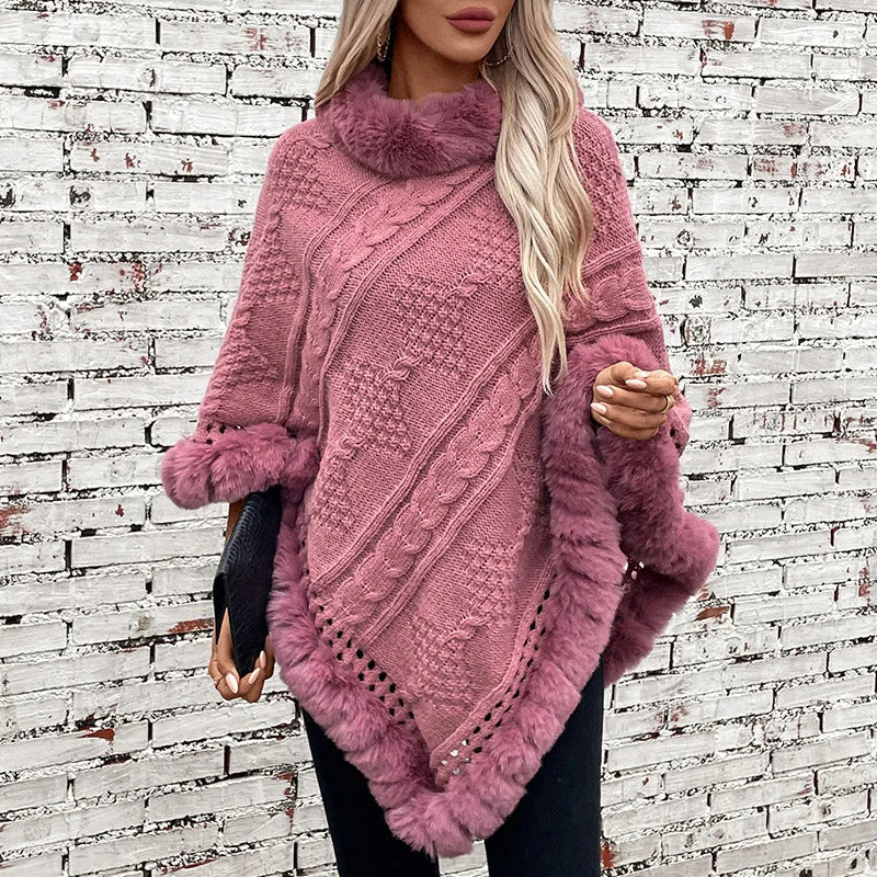 Women's Winter Women's Loose Plus Size Warm Imitation Rabbit Fur Collar Cloak Coarse Dough Twists Sweater Coat
