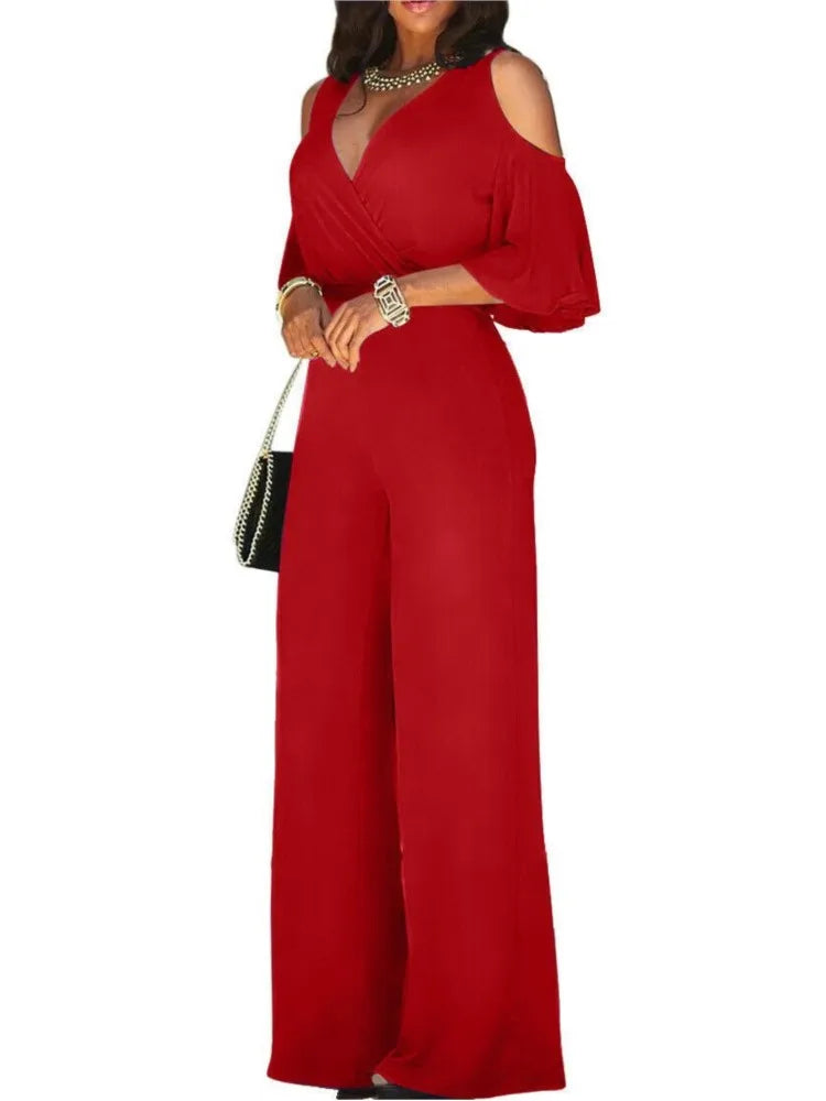 Spring Summer Solid Color Women Sexy Deep V Neck Short Sleeve Rompers Fashion Slim Fit Lace Up Elegant Female Wide Leg Jumpsuit.  S-2X