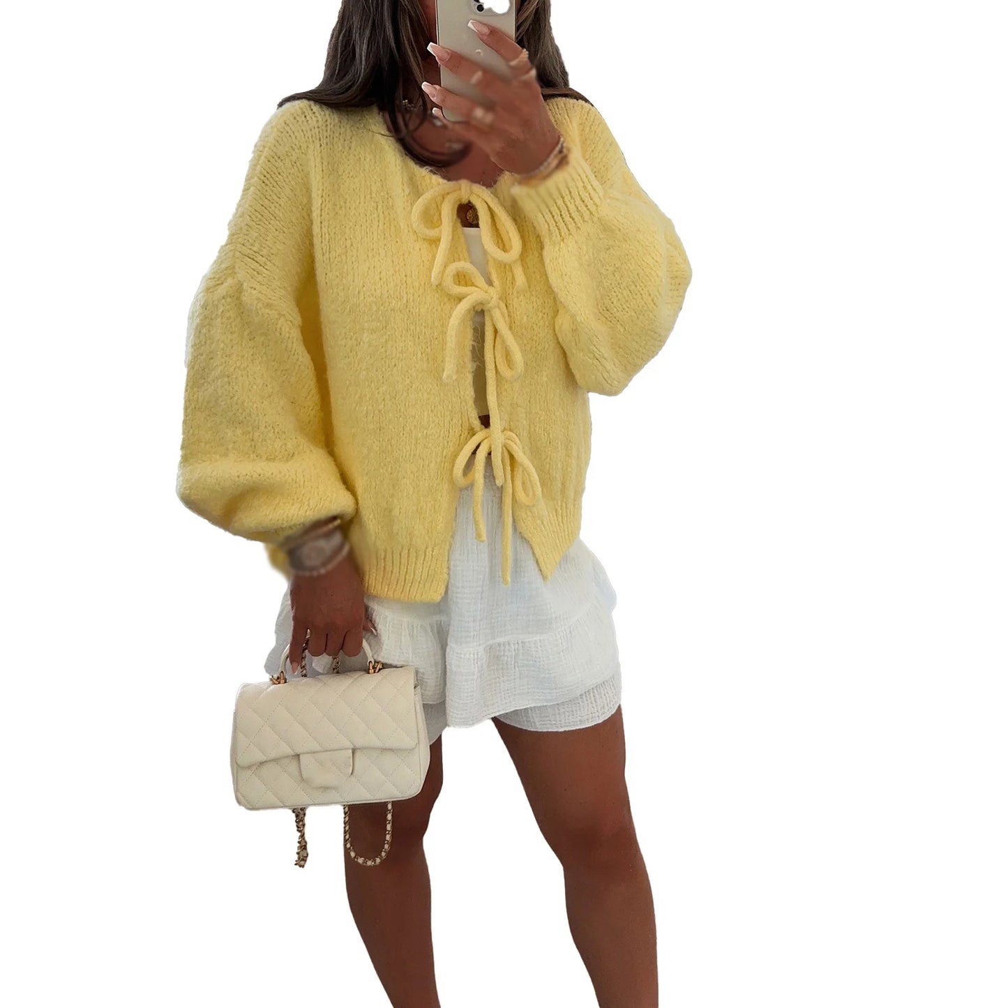 Knitwear Lace-Up Hollow Out Cardigan Fashion.