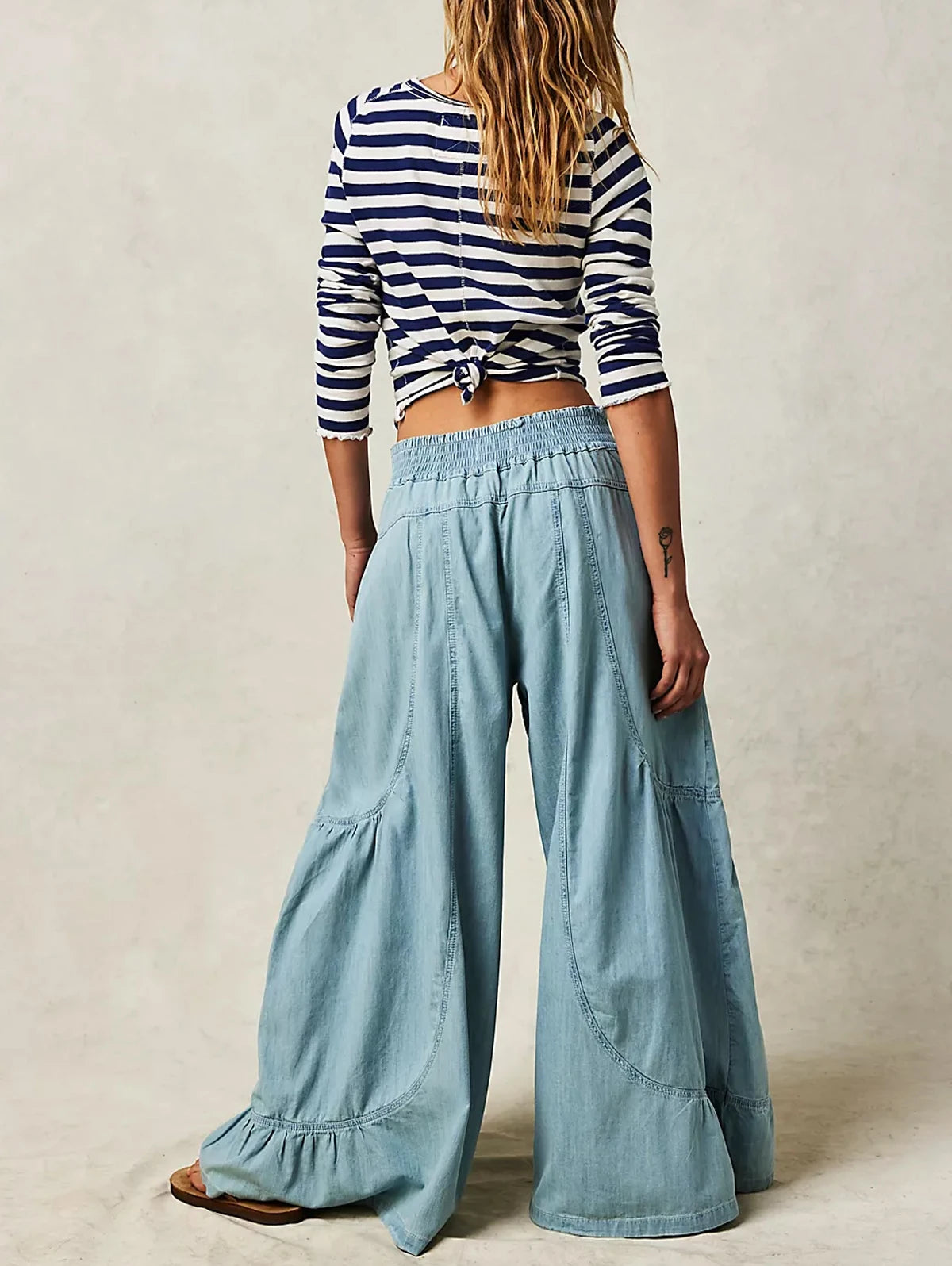 Women's Plus Size Wide Leg Spliced Pants Casual Plain Trousers Elastic Waist Loose Vintage Denim Pocket High Waist Pants  Sz: L-3X