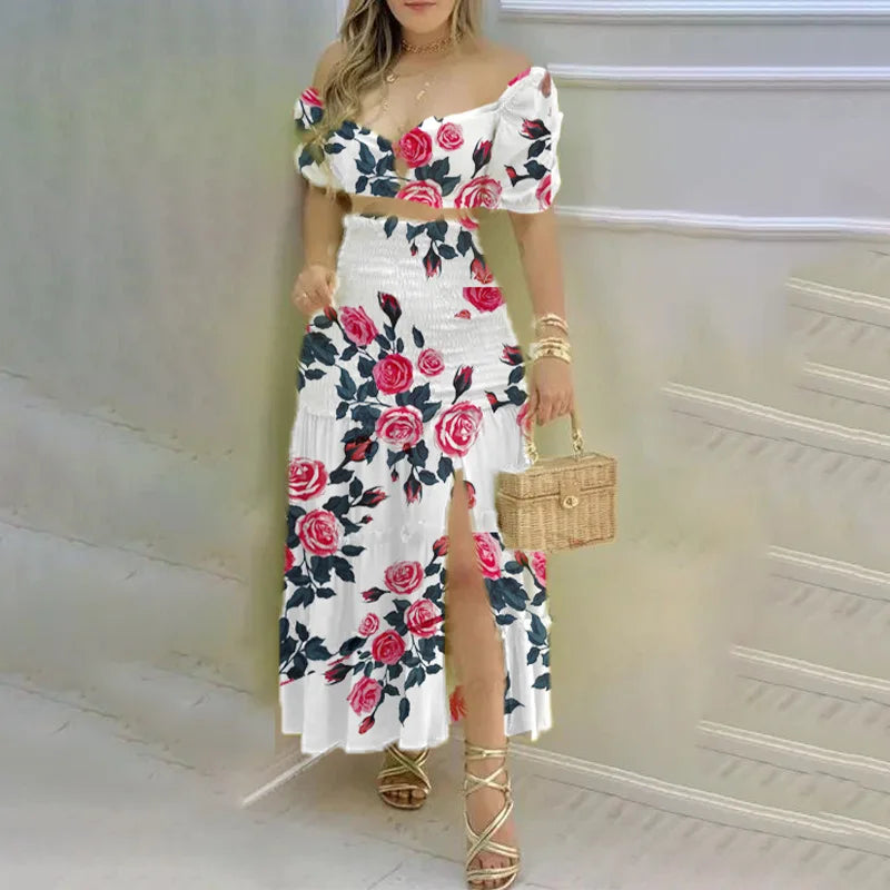 2 Piece Set Women Outfit Great Vacation And Everyday Wear Floral Print Crop Top Shirt +Slit High Waist Women Maxi Skirt.  S-3x