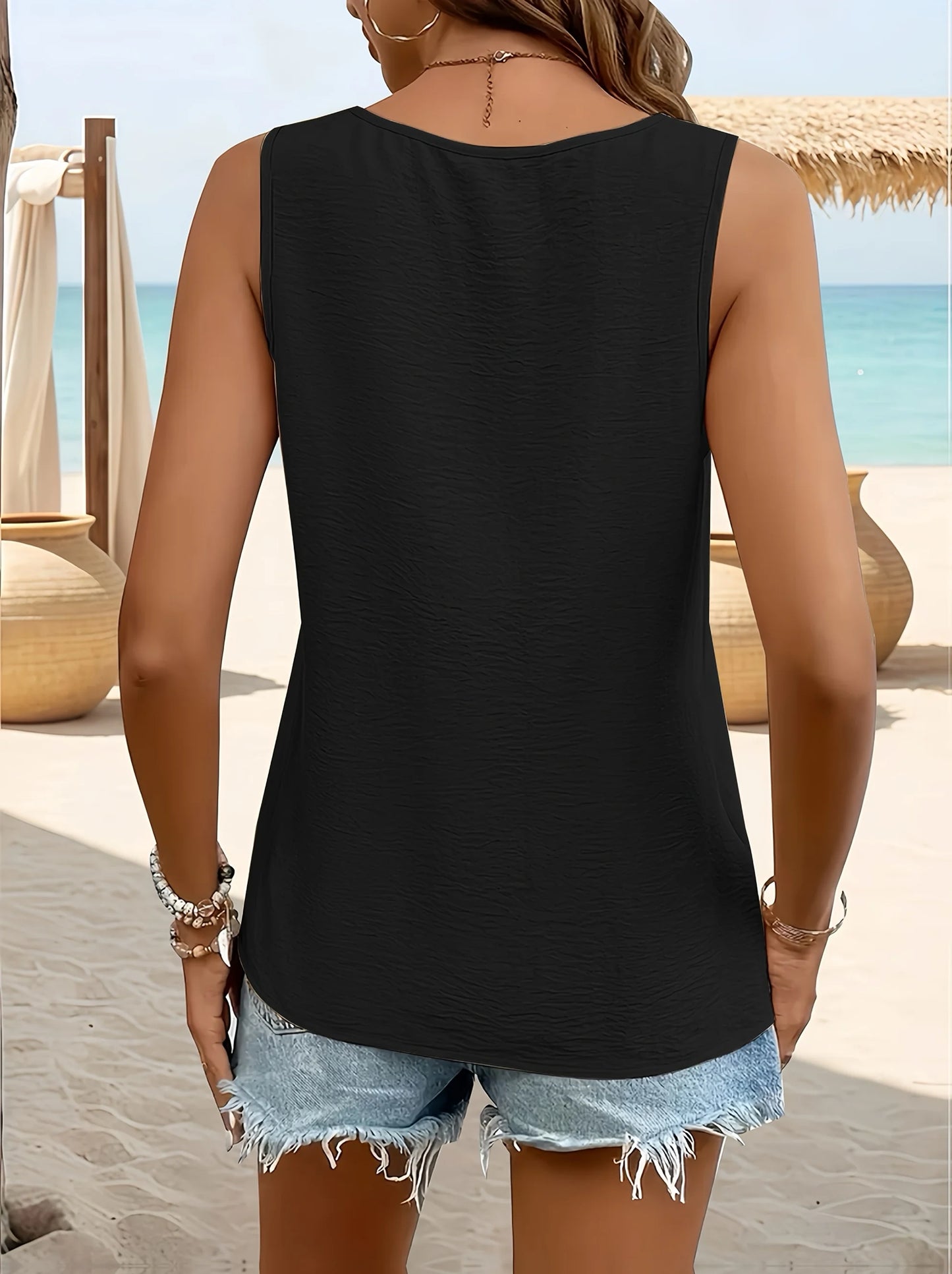 Elegant Solid Color V-Neck Woven Tank for Women Plus Size Chic Casual Top