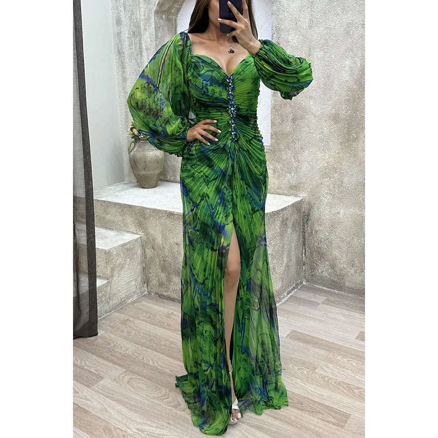 Women Floral Lantern Long Sleeve Dress Elegant Rhinestone Off Shoulder Maxi Sexy Deep V-neck Party Dress.  S-XL