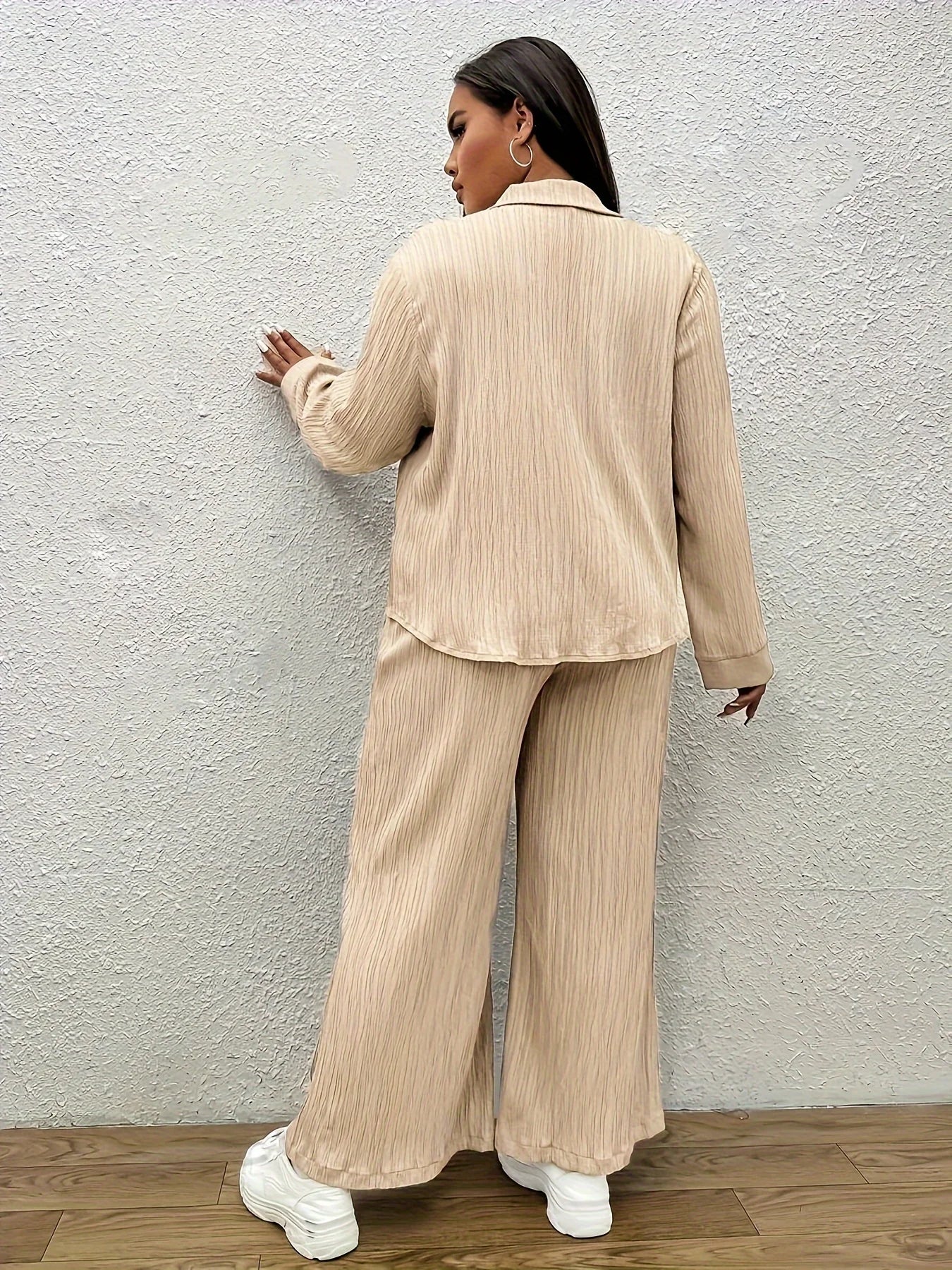 Plus size solid colour casual pant set button front long sleeve shirt and pants perfect for spring