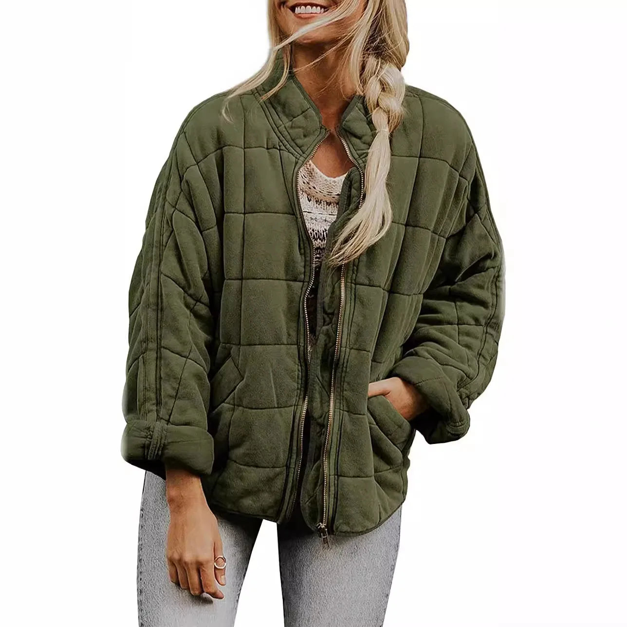 Solid Colour Stand-up Neck Cotton Jacket New Loose Pocket Long-sleeved.  S-2X