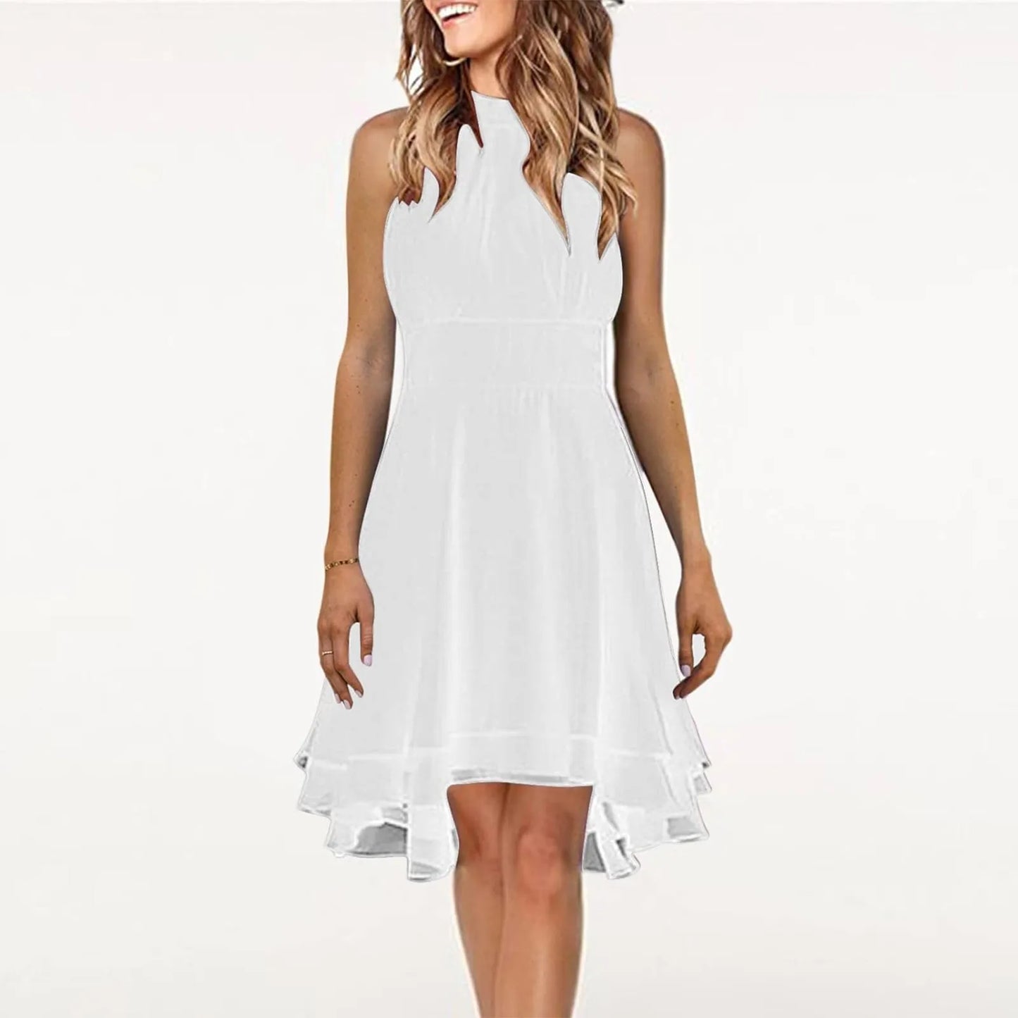 Summer Elegant Women Dress High Waist Sexy Layered Solid Halter Casual Sleeveless Party Dress.  S-3X