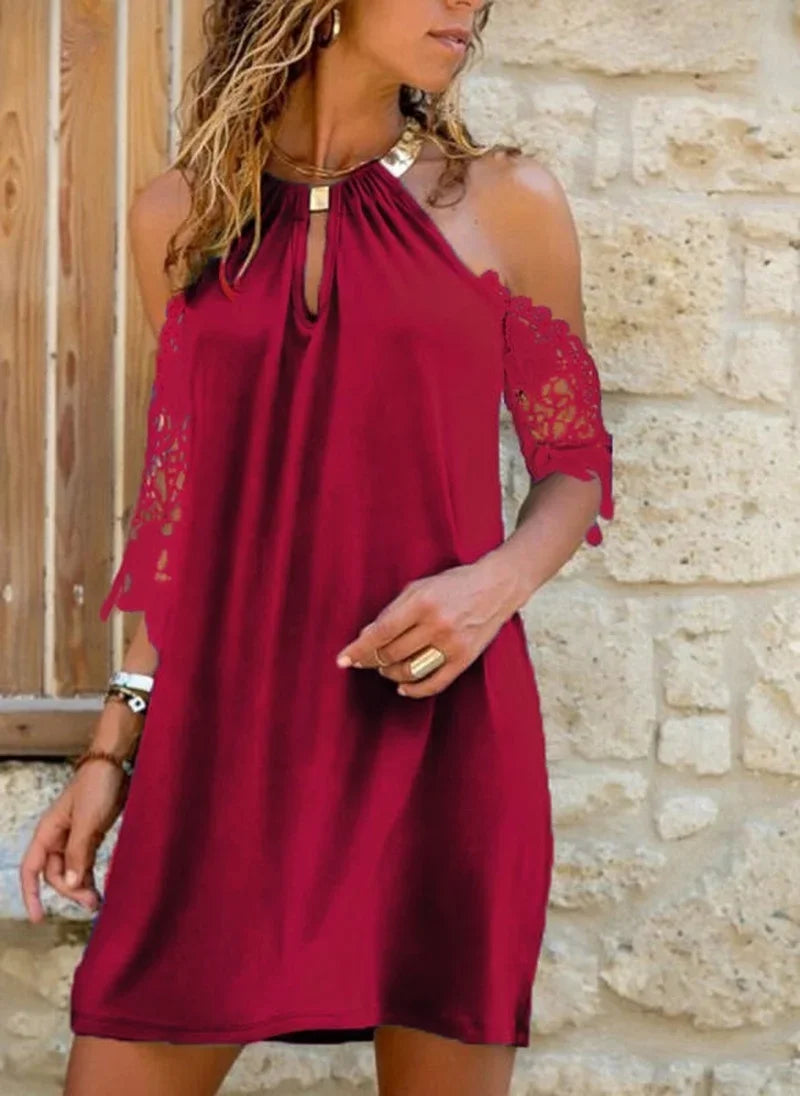 Summer Ladies Casual Elegant Halter Lace Hollow Short Dress S-3XL