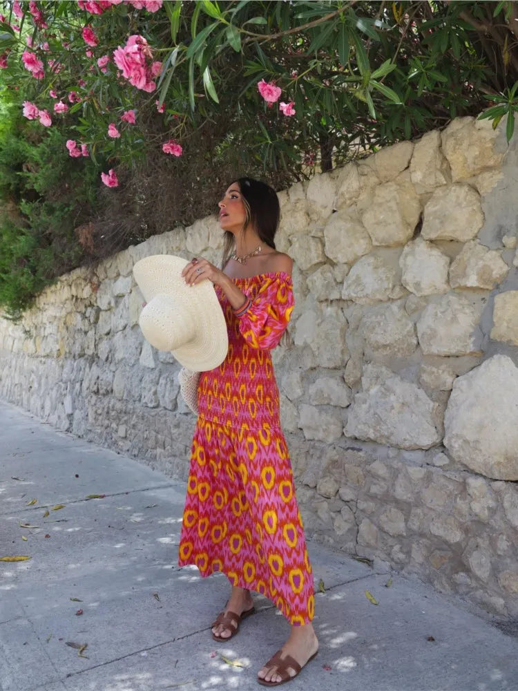 Women Summer Party Holiday Lady Print Ruffle Pleated Long Dress Fashion Off Shoulder Puff Sleeve Midi Dress.  XS-L